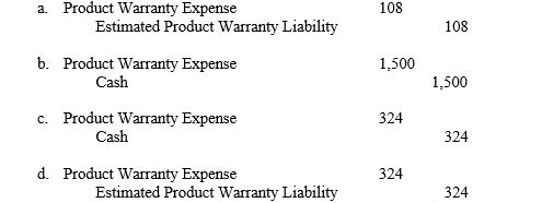 During May, Photo Mart sold 150 instant cameras for $100 each. Each camera had cost Photo Mart $54 to purchase and carried a one-year warranty. If 4 percent typically need to be replaced over the warranty period and two actually are replaced during May, the entry to record the Product Warranty Expense is  