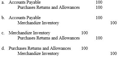 Chancellor Company purchased merchandize worth $900 on credit, terms n/30 and returned merchandize worth $100 on next day. What is the required journal entry to record the merchandize returns under the periodic inventory system?  