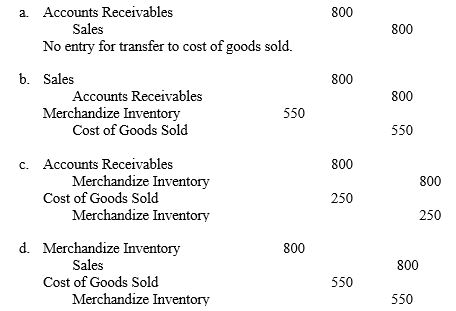 Feathertouch Company sold merchandize worth $800 on credit, terms n/15. The merchandize sold had cost $550. What is the required journal entry to record the transaction and to transfer the cost of merchandize inventory to cost of goods sold under the periodic inventory system?  