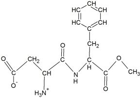 The structure below is a molecule used in the sweeteners Equal® and NutraSweet®. When heated, the peptide bond will hydrolyze into methanol and which two amino acids?   A)  asparagine and tyrosine B)  aspartic acid and phenylalanine C)  glutamic acid and phenylalanine D)  aspartic acid and tryptophan E)  glutamic acid and histidine
