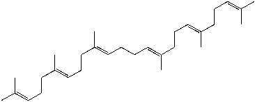 Shown below is a molecule of squalene, which is composed of six isoprene units. Draw lines to indicate the junctions between the six isoprene units.  