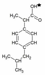 Ibuprofen is a weak acid with a pK<sub>a</sub> of 4.9 (shown with the ionizable hydrogen with a star) . It is absorbed through the stomach and the small intestine as a function of polarity-charged and very polar molecules are absorbed slowly; neutral hydrophobic molecules absorb quickly. If the stomach pH is about 1.5 and the small intestine pH is about 6, where (and why)  will more ibuprofen be absorbed into the bloodstream?   A)  More ibuprofen will be absorbed in the small intestine because it will be uncharged due to the pH being greater than the pK<sub>a</sub><sup>.</sup> B)  More ibuprofen will be absorbed in the stomach because it will be uncharged due to the pH being lower than the pK<sub>a</sub>. C)  More ibuprofen will be absorbed in the small intestine because it will be charged due to the pH being greater than the pK<sub>a</sub>. D)  More ibuprofen will be absorbed in the stomach because it will be charged due to the pH being lower than the pK<sub>a</sub>. E)  Ibuprofen will be absorbed equally well in both the stomach and small intestine.