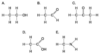 Use the following figure to answer the questions below.    -Which molecule shown above has a carbonyl functional group in the form of an aldehyde? A) A B) B C) C D) D E) E