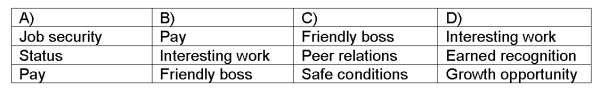 According to Herzberg,which of the following groups of motivational factors would give employees the most satisfaction?   A) A B) B C) C D) D