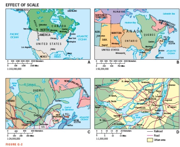 In Figure G-2,which of the maps has the largest scale?   A)  Map A B)  Map B C)  Map C D)  Map D E)  They all have the same scale.