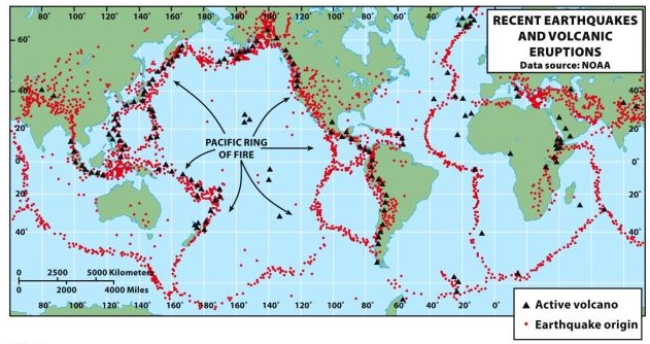 According to the figure below,which location has the least amount of volcanic activity?   A)  the United States B)  South America C)  Subsaharan Africa D)  East Asia E)  Australia