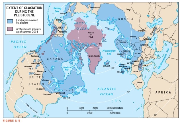According to Figure G-5,which U.S.city was NOT covered by glaciers during the Pleistocene?   A)  Seattle B)  Omaha C)  Cincinnati D)  Denver E)  New York City