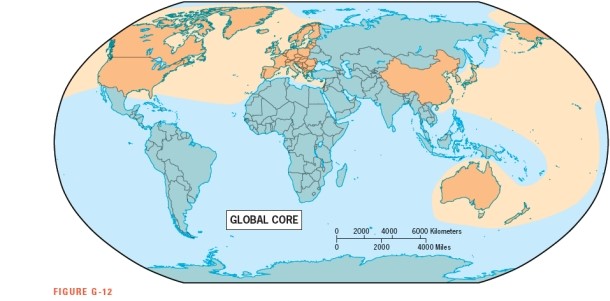 Which of the following realms contains one of the top three population clusters but lies entirely outside of the Global Core according to Figure G-12:   A)  Europe B)  North America C)  East Asia D)  South Asia E)  Austral Realm
