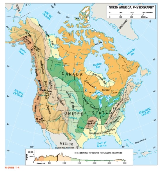 According to Figure 1-4,the highest elevation in North America lies within this physiographic province:   A)  Pacific Mountains and Valleys B)  Intermontane Valleys and Plateaus C)  Rocky Mountains D)  Canadian Shield E)  Appalachian Mountains