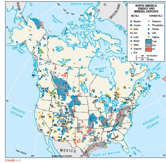 According to Figure 1-7,which province in Canada has significant coal deposits?   A)  Ontario B)  Yukon Territory C)  Manitoba D)  Alberta E)  Quebec