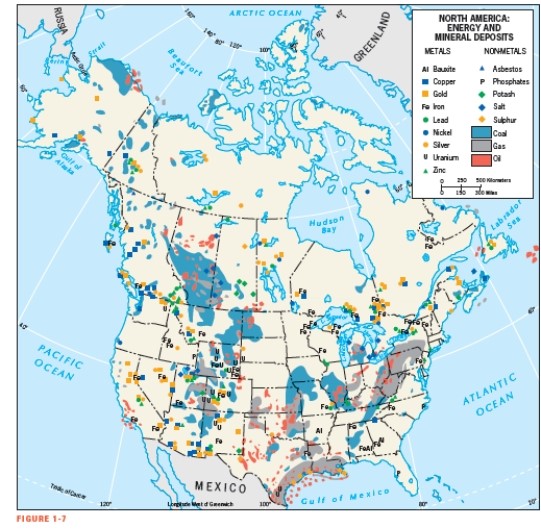 According to Figure 1-7,what mineral deposit in addition to oil and gas is located along the coastline of the Gulf of Mexico?   A)  Lead B)  Nickel C)  Silver D)  Sulphur E)  Gold