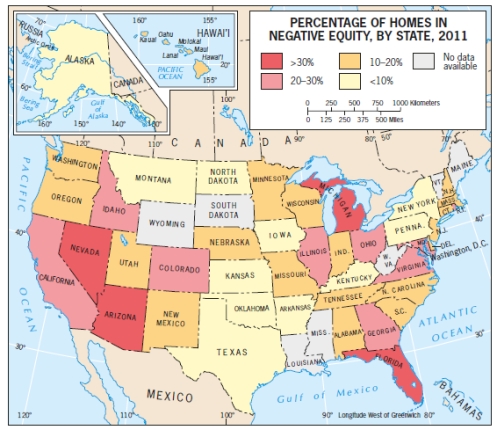 Look at the figures below.Which State within the American Manufacturing Belt had the highest percentage of homes with mortgage equity problems in 2011?     A)  Illinois B)  Michigan C)  Florida D)  New York E)  Pennsylvania