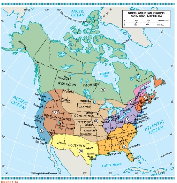 According to Figure 1-14,which North American region is located only in the United States?   A)  The Continental Interior B)  The Maritime Northeast C)  The Southeast D)  The Pacific Hinge E)  The Northern Frontier