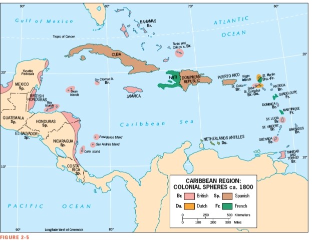 According to Figure 2-5,the majority of islands in the Lesser Antilles were colonized by the ___________.   A)  British B)  French C)  Spanish D)  Dutch E)  Americans