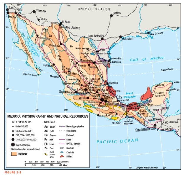 According to Figure 2-8,most of Mexico's oil deposits are located_______________.   A)  in the mountainous areas B)  along the Gulf of California C)  along the Gulf of Mexico D)  along the Pacific coast E)  near the U.S. border