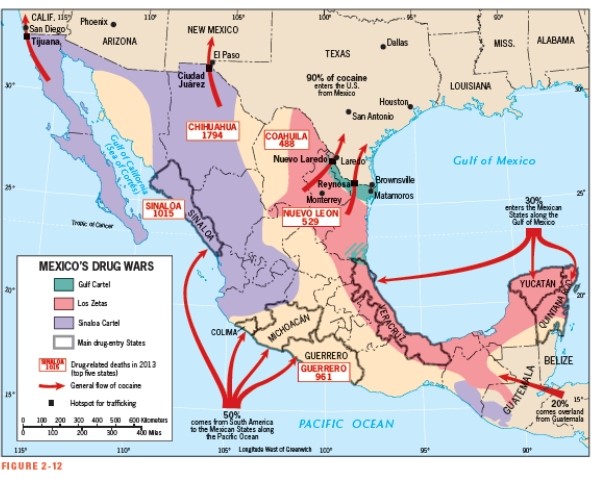 According to Figure 2-12,the Chihuahua cartel has the greatest effect on people living near the Mexico-New Mexico border: