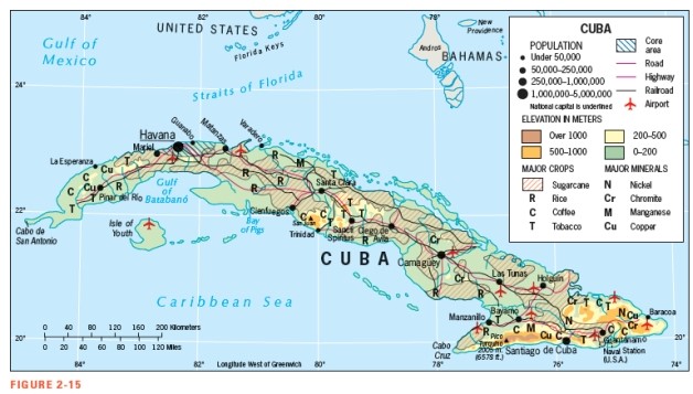 According to Figure 2-15,the U.S.naval base on Cuba is located due south of the Florida Keys,near the city of Havana.   