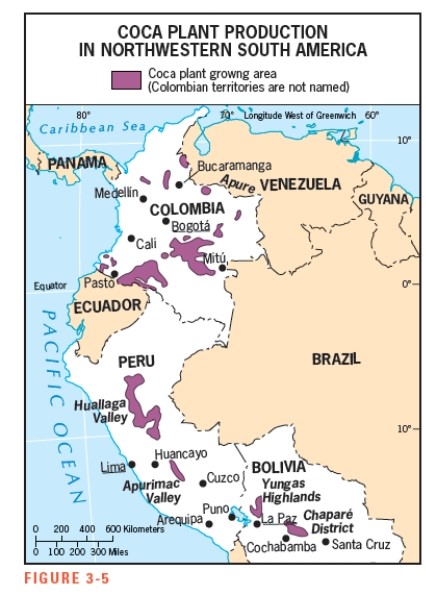 According to Figure 3-5,which country is a significant producer of coca plants?   A)  Venezuela B)  Peru C)  Ecuador D)  Brazil E)  Guyana