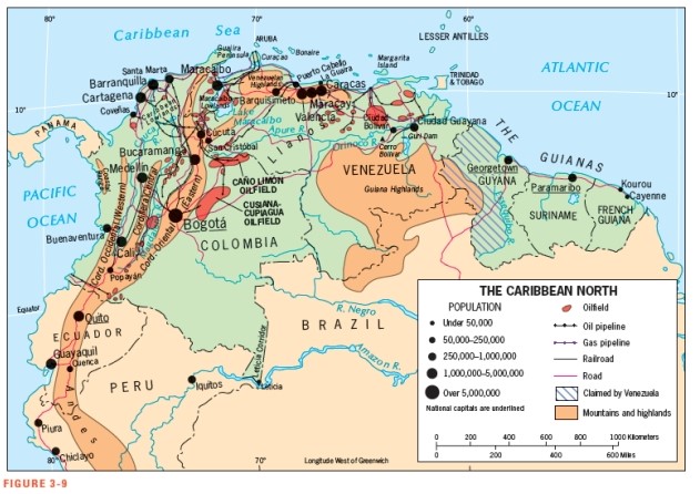 Figure 3-9 shows that Venezuela claims rights to a significant portion of this country:   A)  Guyana B)  Colombia C)  Brazil D)  Trinidad and Tobago E)  Panama