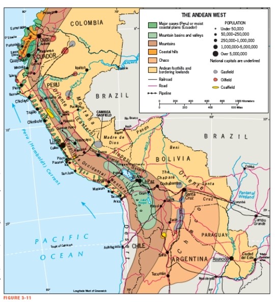 According to Figure 3-11,which city with over one million people is located on the eastern side of the Andes Mountains?   A)  Guayaquil B)  Lima C)  La Paz D)  Santa Cruz E)  Salta