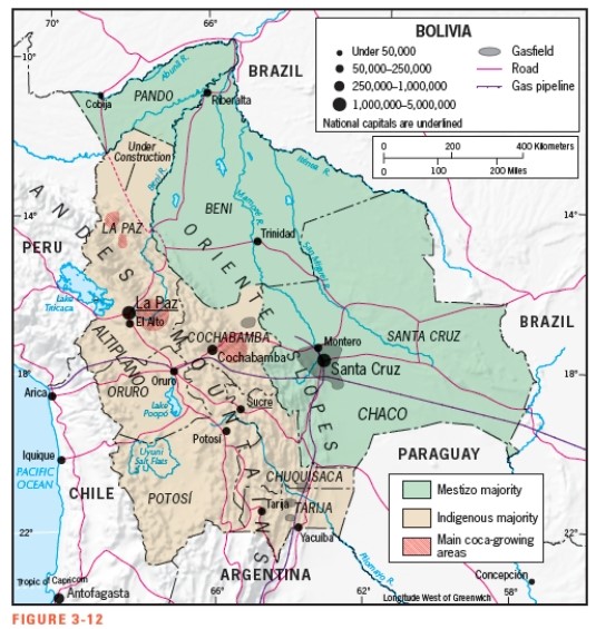 Figure 3-12 shows that Lake Titicaca straddles the border of which two countries?   A)  Peru and Brazil B)  Peru and Bolivia C)  Peru and Chile D)  Chile and Bolivia E)  Bolivia and Brazil