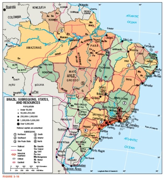 Figure 3-16 shows that Brazil's capital city is located in its industrial heartland.   
