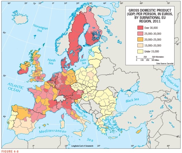 Based on Figure 4-8,which part of Europe is the poorest?   A)  Northern Europe B)  Central Europe C)  Western Europe D)  Southwestern Europe E)  Eastern Europe