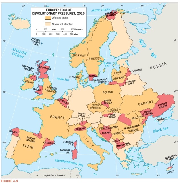 Based on Figure 4-9,which country is NOT currently affected by forces of devolution?   A)  United Kingdom B)  Germany C)  Spain D)  Italy E)  Sweden
