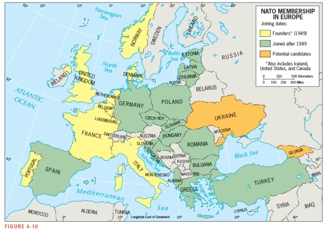 According to Figure 4-10,which country was NOT a founding member of NATO?   A)  United Kingdom B)  France C)  Spain D)  Italy E)  Belgium