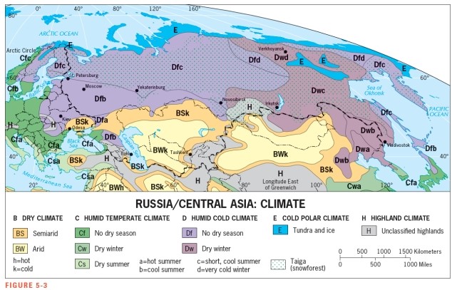 As Figure 5-3 shows,_____________ is (are) the only part of the Russian realm with a humid temperate climate:   A)  the area near the Black Sea B)  the area around Moscow C)  Russian lands bordering the Caspian Sea D)  extreme southeastern Russia E)  the area along the southern Russia-northern China border