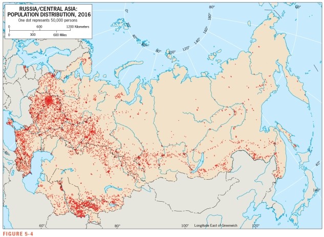 According to Figure 5-4,the vast majority of Russia's population lives __________.   A)  along Russia's southern rim B)  west of the Ural Mountains C)  along the coastline of the Arctic Ocean D)  in the river valleys east of the Ural Mountains E)  near the Sea of Okhotsk