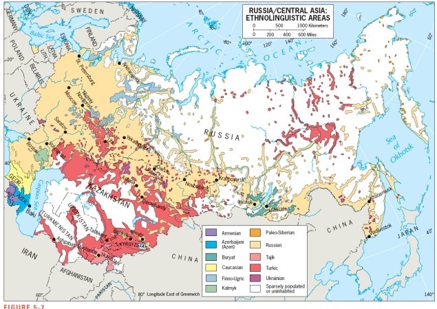 According to figure 5-7 which ethnic group is most heavily concentrated around Lake Baykal:   A)  Armenian B)  Buryat C)  Caucasus D)  Kalmyk E)  Turkic