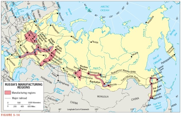 Figure 5-14 shows that all of Russia's major manufacturing regions are located _____________.   A)  west of the Ural Mountains B)  along coastlines C)  east of 60˚ East longitude D)  south of 60˚ North latitude E)  along the Volga River