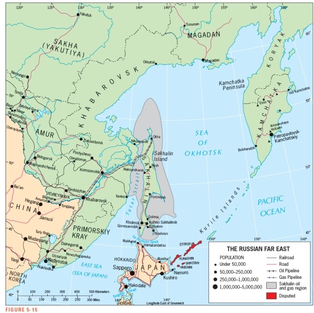 Figure 5-15 shows that the Far East's ;argest oil and gas deposits border the _________________.   A)  Kamchatka Peninsula B)  North Korean corridor near Vladivostok C)  Amur River D)  Kurile Islands E)  Sea of Okhotsk