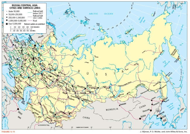 Figure 5-11 shows that the eastern terminus of the Trans-Siberian Railroad is Vladivostok.   
