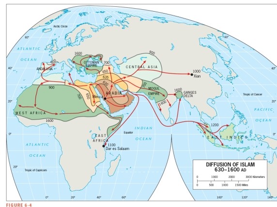 According to Figure 6-4,which country did not experience Islamic rule at some time in the past?   A)  Egypt B)  Israel C)  Spain D)  Germany E)  India
