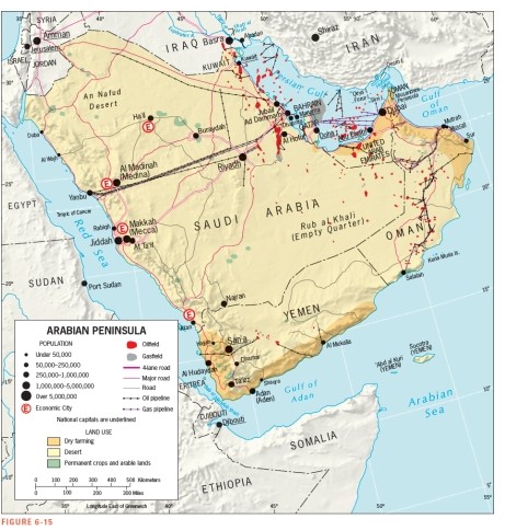 Figure 6-15 shows that these two countries occupy strategic positions on the Hormuz Strait:   A)  Oman and Iran B)  United Arab Emirates and Qatar C)  Saudi Arabia and Iran D)  Djibouti and Yemen E)  Iraq and Kuwait