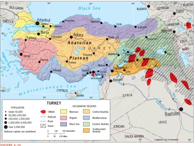 According to Figure 6-16,Turkey's Kurdish population is heavily concentrated in the oil-rich southeastern part of the country.   