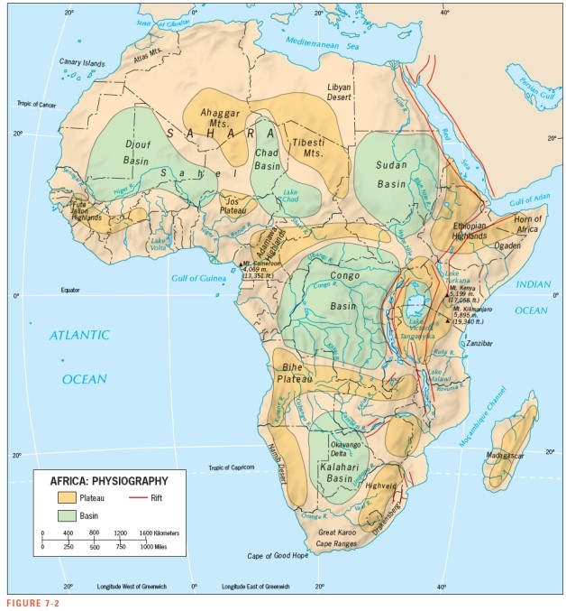 The rifts shown on the map in Figure 7-2 are found predominantly near this feature:   A)  the Niger River B)  Lake Victoria C)  the Namib Desert D)  the Kalahari Basin E)  the Cape of Good Hope