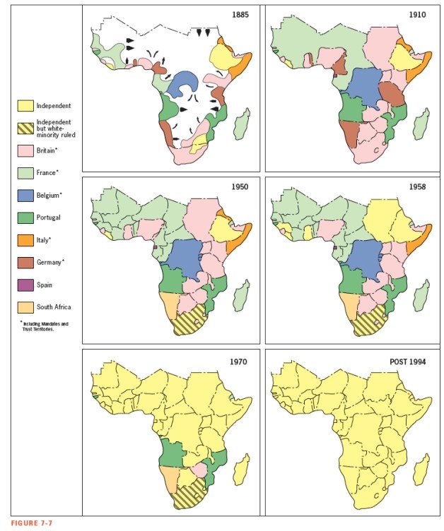 Based on the maps shown in Figure 7-7,which country nearly created a total north-south ( Cape-to-Cairo )  axis of control in colonial Subsaharan Africa?   A)  France B)  Great Britain C)  Belgium D)  Portugal E)  Spain