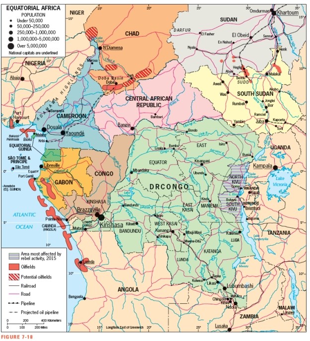 According to Figure 7-18,which country does NOT contain oil reserves?   A)  Nigeria B)  Chad C)  South Sudan D)  Central African Republic E)  Gabon