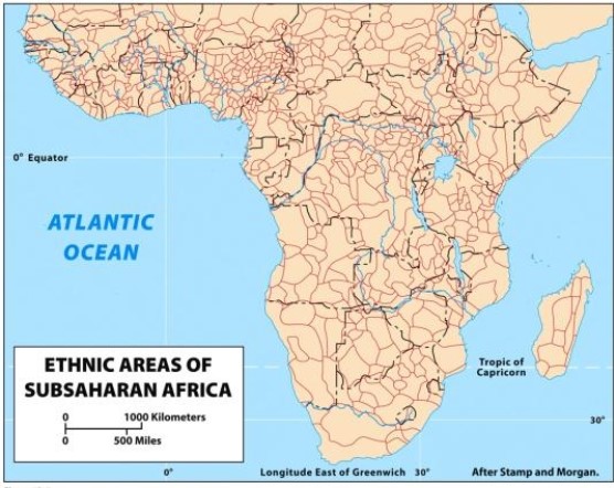The figure below shows that Africa's ethnic territories coincide fairly well with its political boundary framework.   