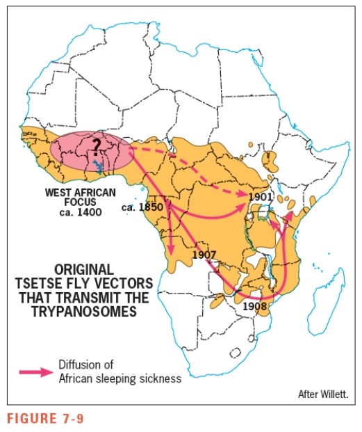 According to Figure 7-9,African sleeping sickness is a problem that limits cattle production in the country of South Africa.   