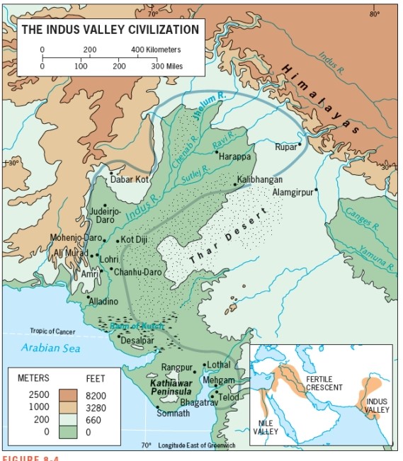 Figure 8-4 shows that the Indus Valley civilization was located in which of South Asia's physiographic regions?   A)  the Northern Mountains B)  the River Lowlands C)  the Southern Plateaus D)  the Eastern Highlands E)  the Central Grasslands