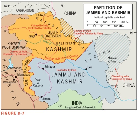 Figure 8-7 shows that the territory called Aksai Chin is currently under this country's political control:   A)  India B)  Pakistan C)  China D)  Afghanistan E)  Nepal