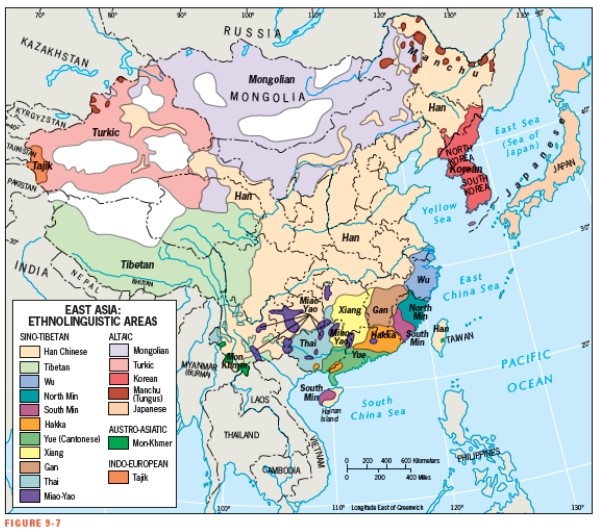 Figure 9-7 shows that the most widely spoken languages in the northernmost parts of East Asia belong to this language family:   A)  Sino-Tibetan B)  Han Chinese C)  Altaic D)  Austro-Asiatic E)  Indo-European