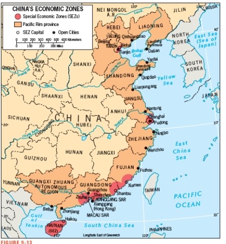 According to Figure 9-13,which of these locations was not designated as an SEZ (Special Economic Zone) ?   A)  Beijing B)  Pudong C)  Shenzhen D)  Hainan Island E)  Binhai New Area