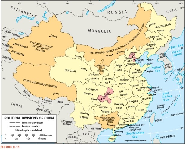 According to Figure 9-11,Xizang (Tibet)is a province of China.
