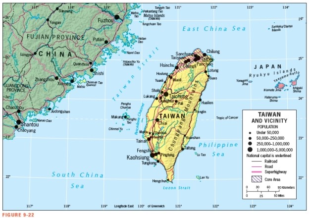 According to Figure 9-22,the straight-line distance between China and Taiwan,from Quanzhou to Hsinchu,is about 150 miles.