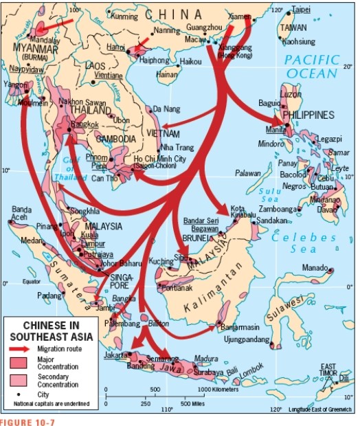 According to Figure 10-7,which country does not have a significant Chinese immigrant population?   A)  Vietnam B)  Laos C)  Myanmar D)  Thailand E)  Malaysia